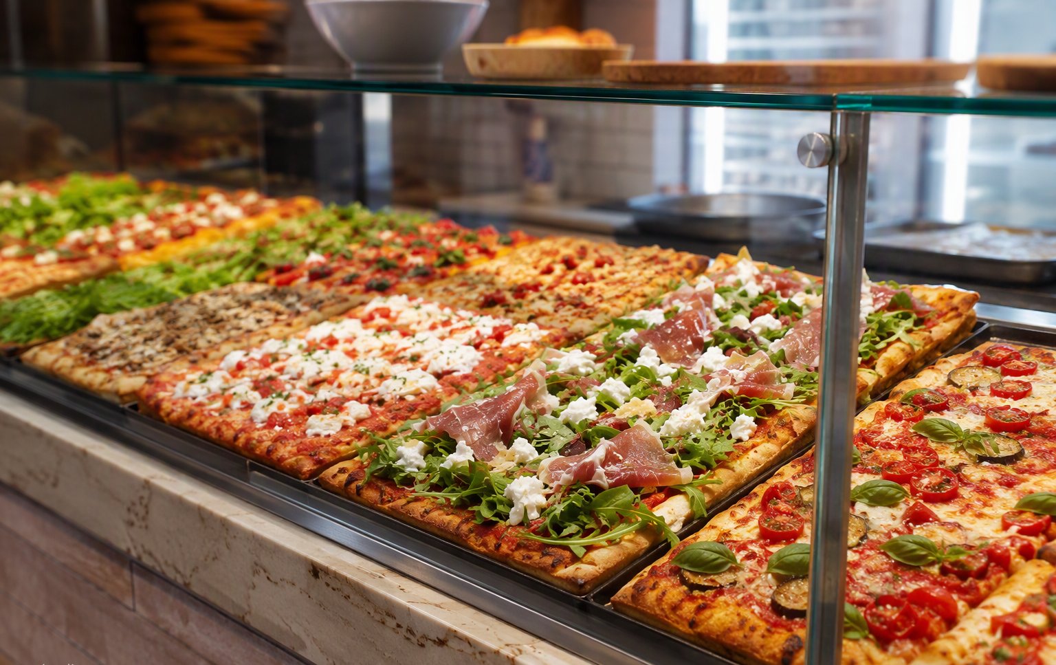 Il banco con le teglie di pizza appena sfornata