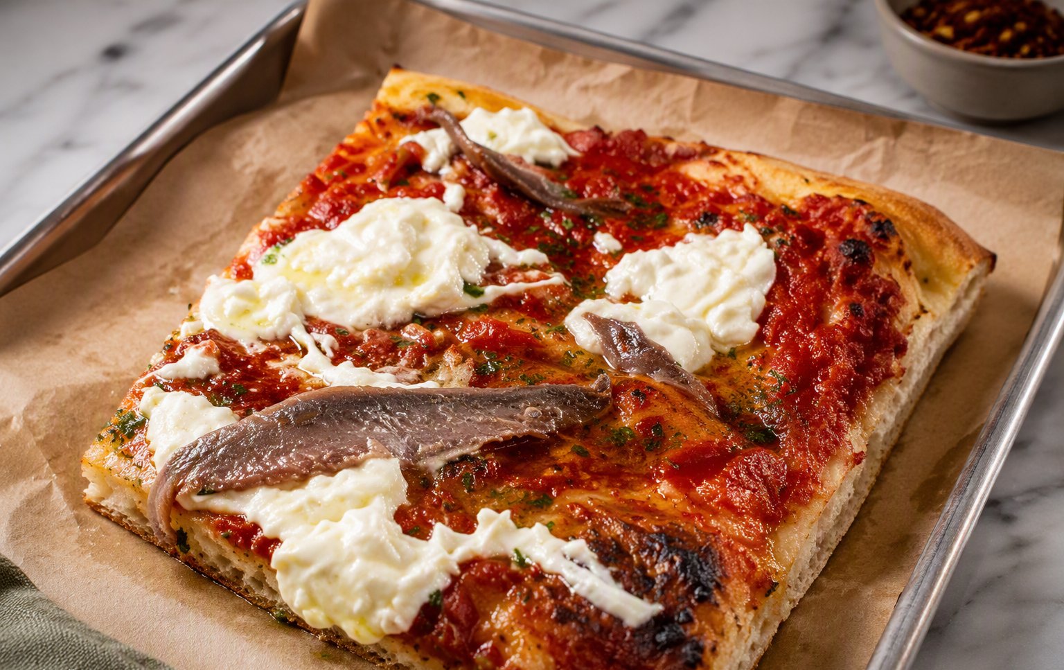 Trancio con burrata e alici