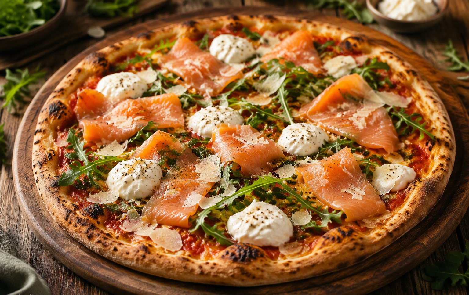 Pizza gourmet con salmone, rucola e mozzarella